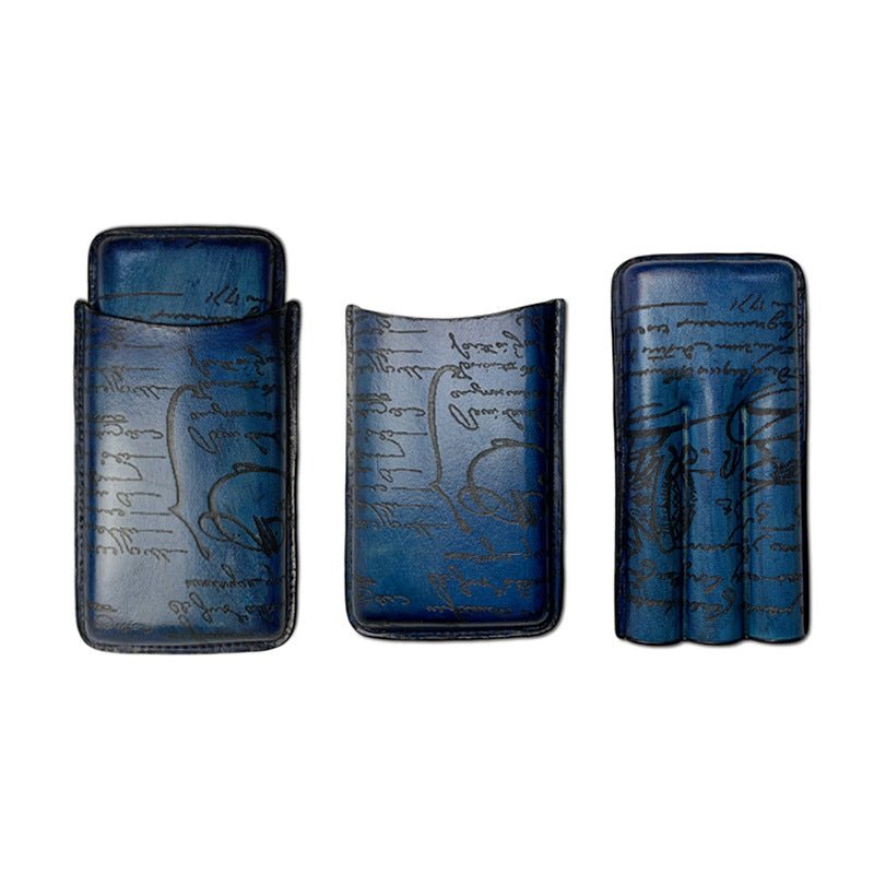 Étui à cigares triple en cuir de vachette gravé motif calligraphie - 