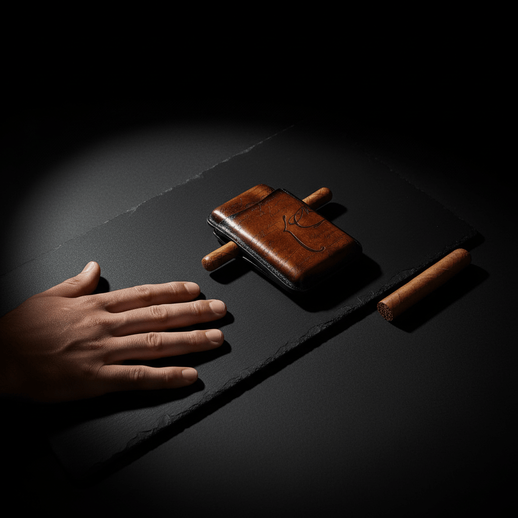 Étui à cigares triple en cuir de vachette gravé motif calligraphie - 