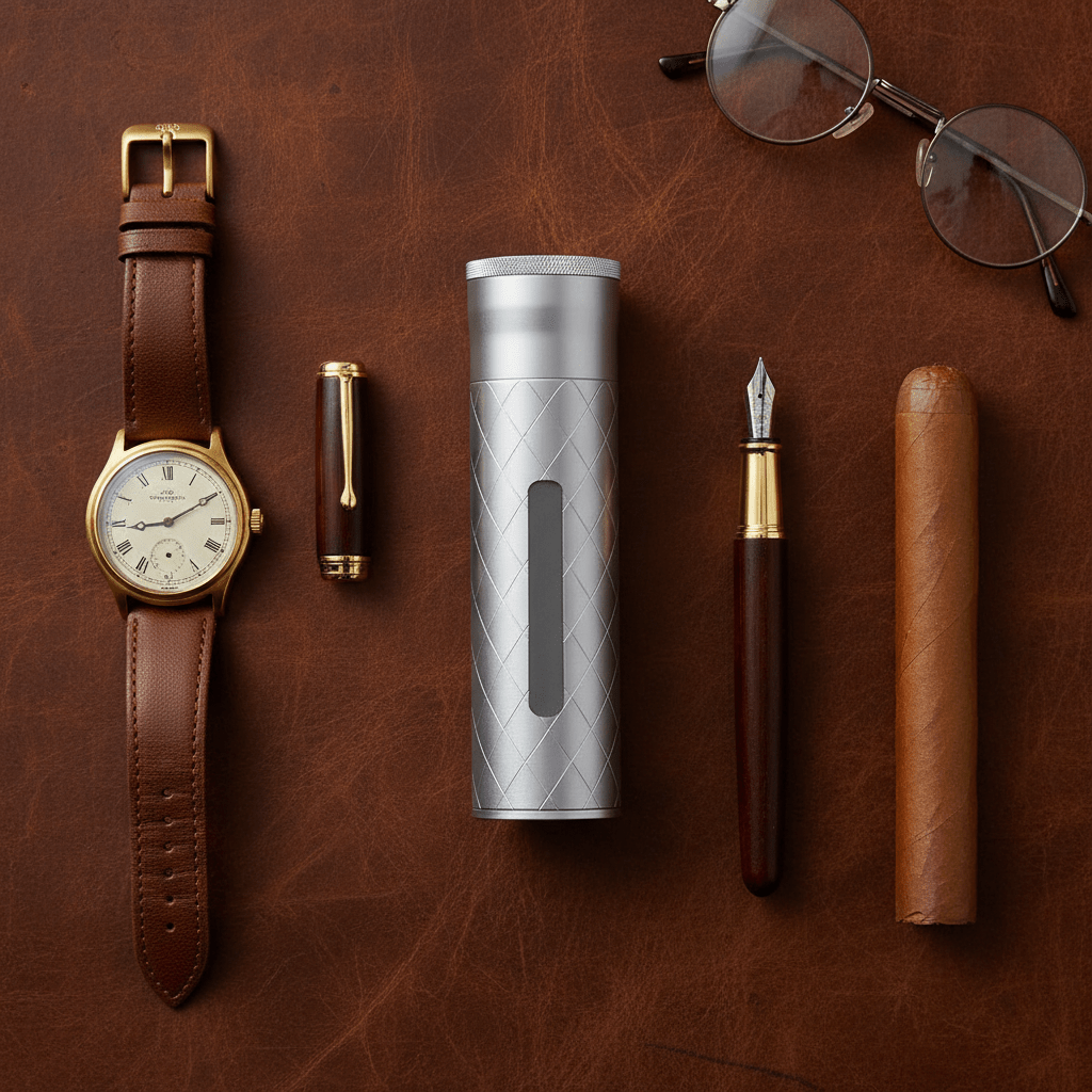 Étui à cigares tubulaire en aluminium usiné équipé d'un hygromètre et d'un humidificateur - 