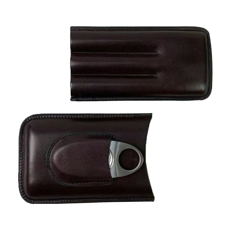 Étui de voyage pour trois cigares en cuir lisse équipé d'une poche frontale et de son coupe - cigare - 