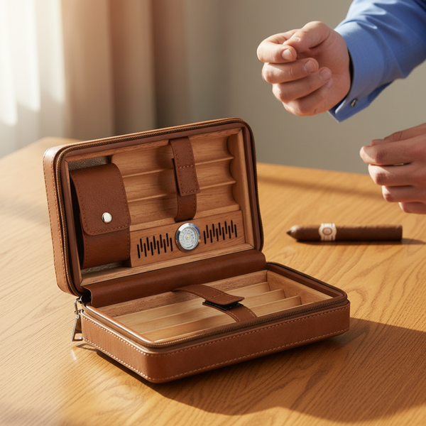 Etui de voyage pour sept cigares en cuir et bois de cèdre avec son humidificateur