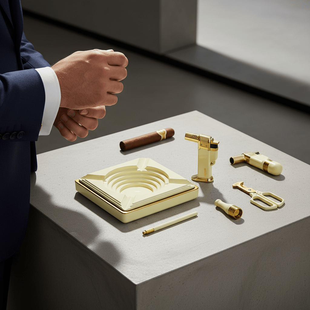 Nécessaire à cigares en alliage et bois massif finition blanc ivoire équipé d'un coupe - cigare et d'un perforateur - 