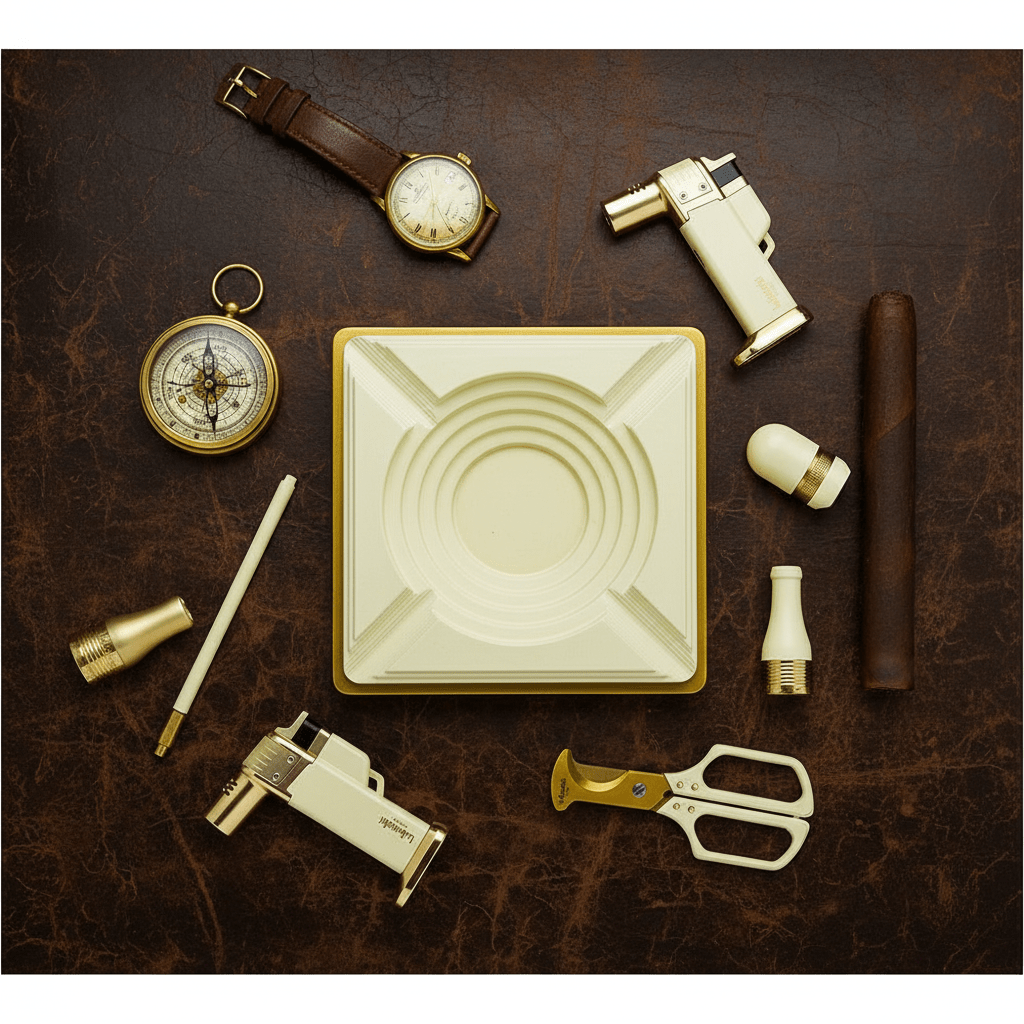 Nécessaire à cigares en alliage et bois massif finition blanc ivoire équipé d'un coupe - cigare et d'un perforateur - 