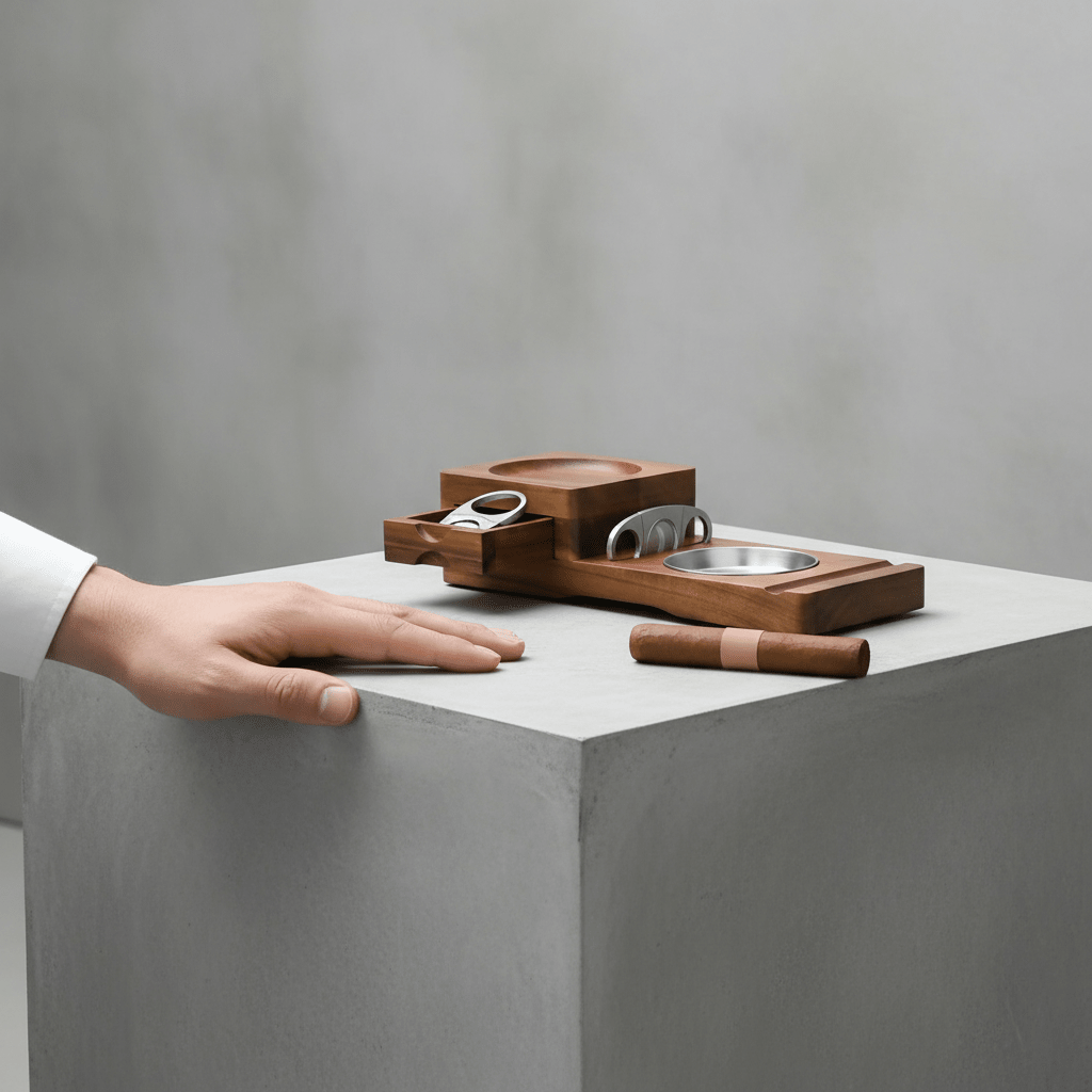 Station de dégustation en bois massif équipée d'un tiroir à accessoires, d'un cendrier et d'un support pour verre à whisky - 