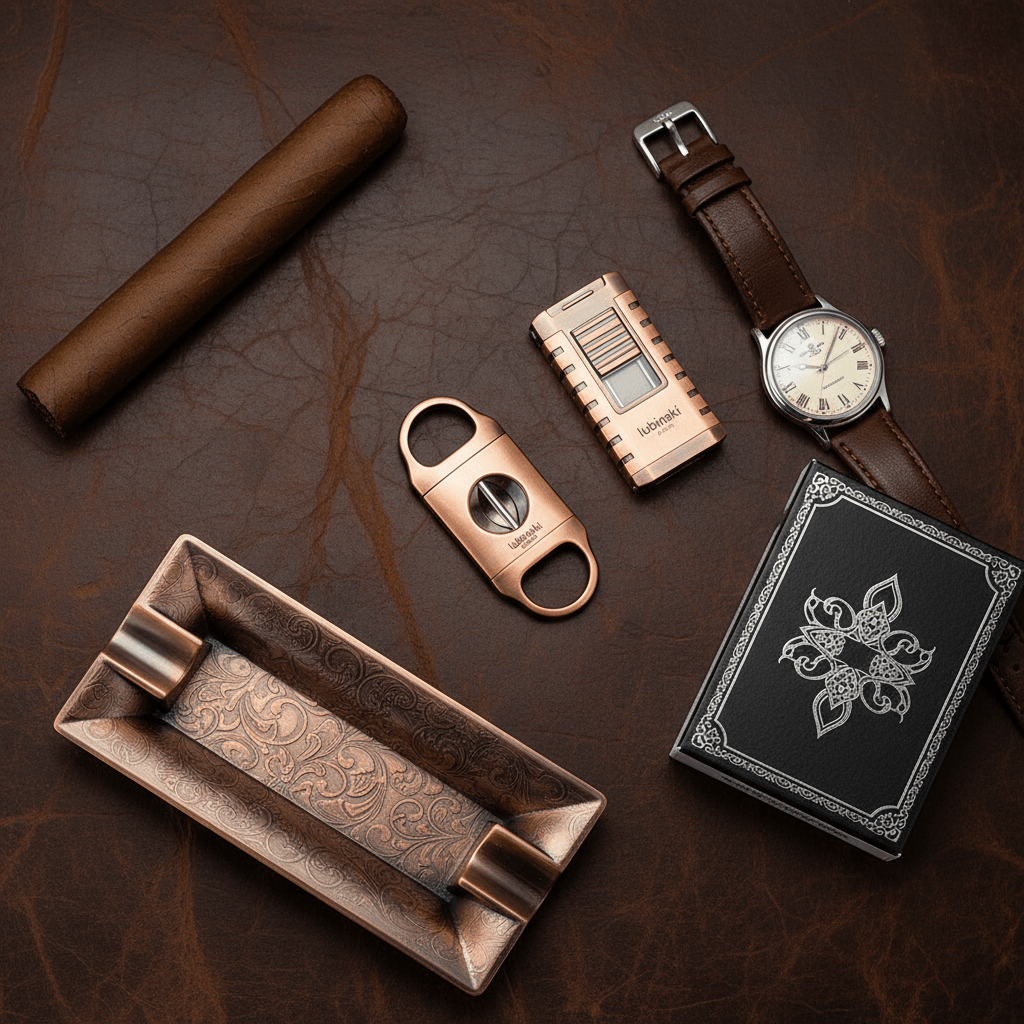 Triptyque pour amateur de cigares finition bronze avec coupe - cigare en V, cendrier et briquet chalumeau - 